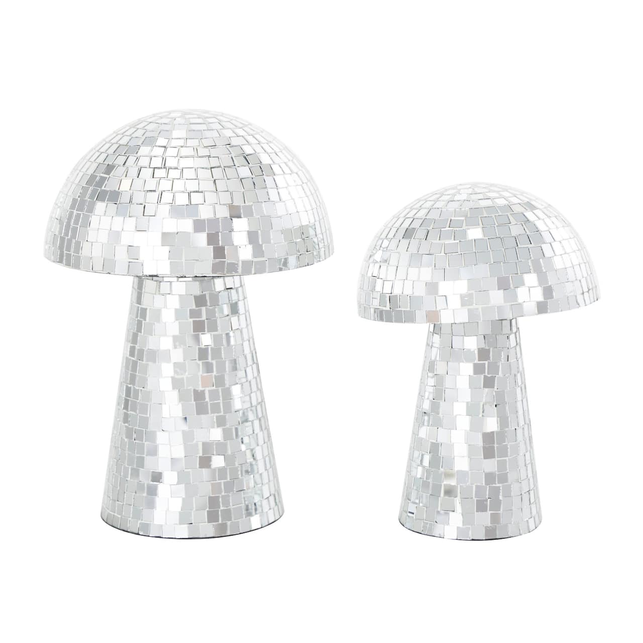 Silver Handmade Glass Mosaic Mushroom Mirror Sculpture Set
